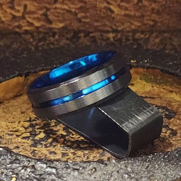 Mens Black Blue Line Wedding Promise Ring or Wedding Ring Band - Picture 3 of 6